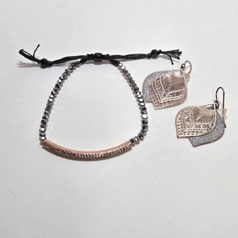 Rose Gold Cubic Zirconia Bracelet AB Beads Adjustable Two Tone Dangle Earrings